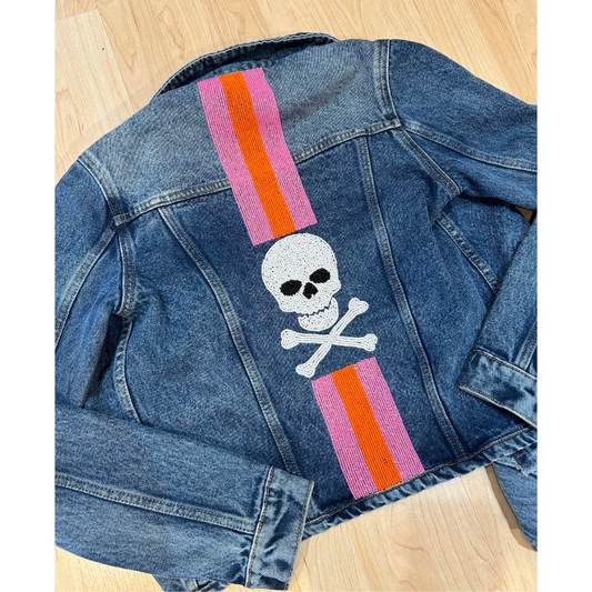 Beaded Skull Jean Jacket Pink & Orange